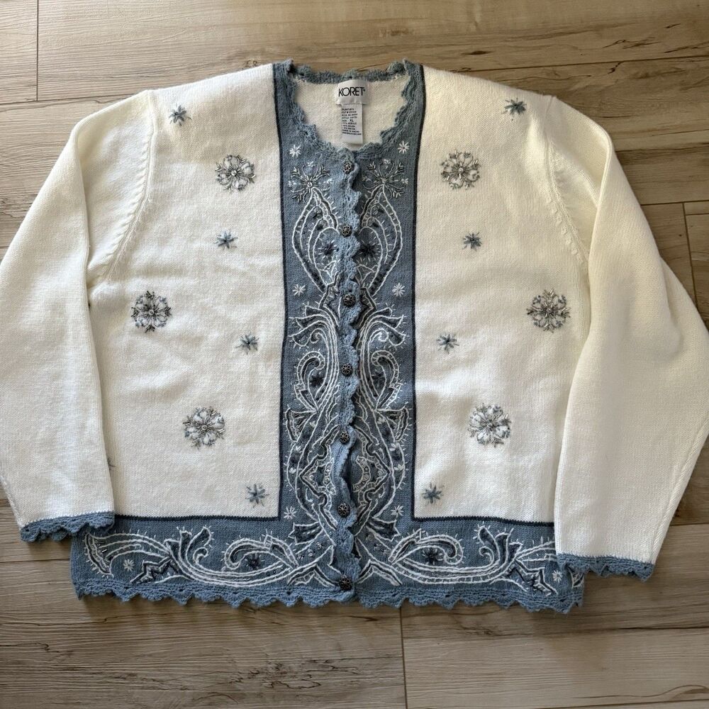 Vintage Women's Country Grandma Winter Embroidered Cardigan Sweater Cottage XL